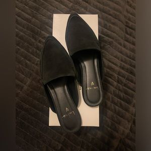 Lulu’s Joelle Leather Black Suede Loafer Slides